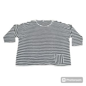 J. Jill (XL Petite) Striped Linen Blend Sweater with Contrast Pocket Black White